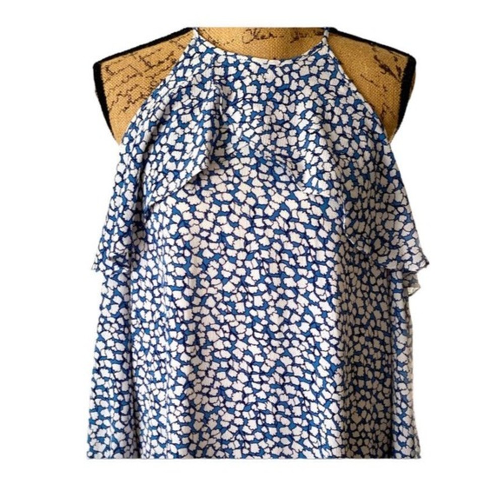 Michael Kors Cold Shoulder Long Sleeve Blouse Blue White Womens Size Medium